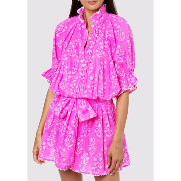 Juliet Dunn Pink Fuchsia Small Flower Block Print Blouson Mini Dress Cotton XS - Picture 1 of 11